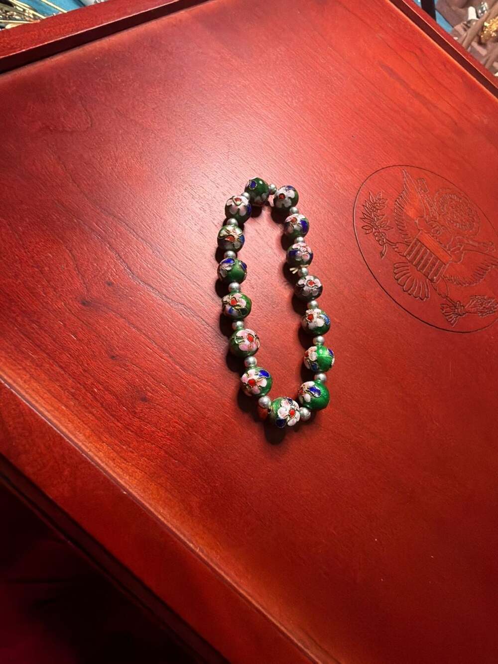 Vintage Green Cloisonne Enamel Beaded Bracelet with Silver Spacer Beads